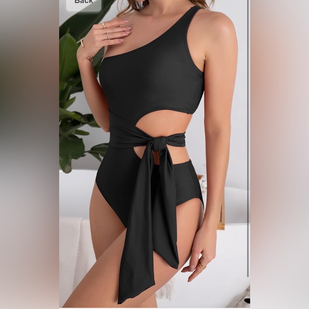 NWT B2prity Women's One Shoulder Cutout Black Swimsuit with Ties Monokini